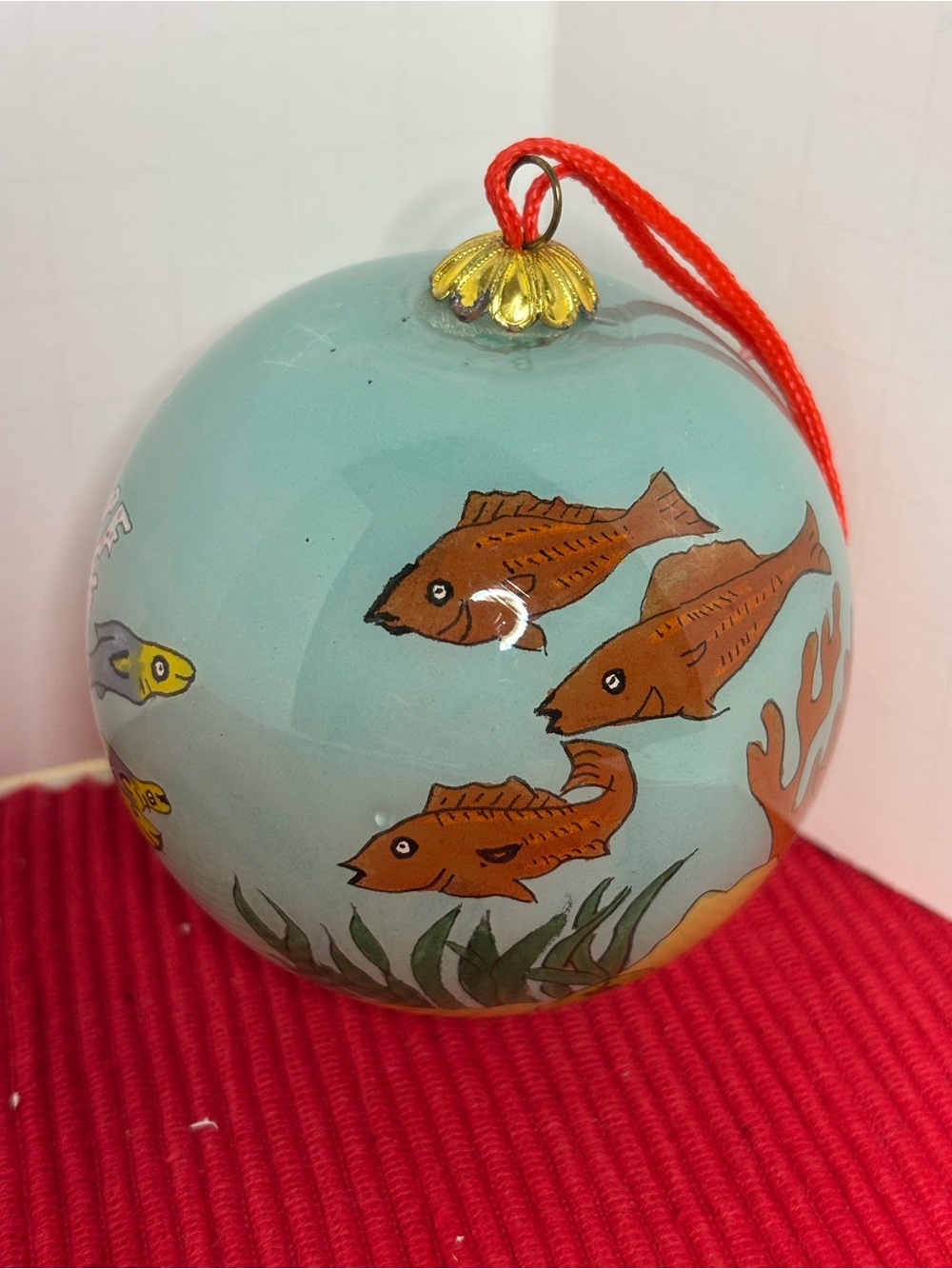 Hand-Painted Aqua Fish Ornament with Red Cord